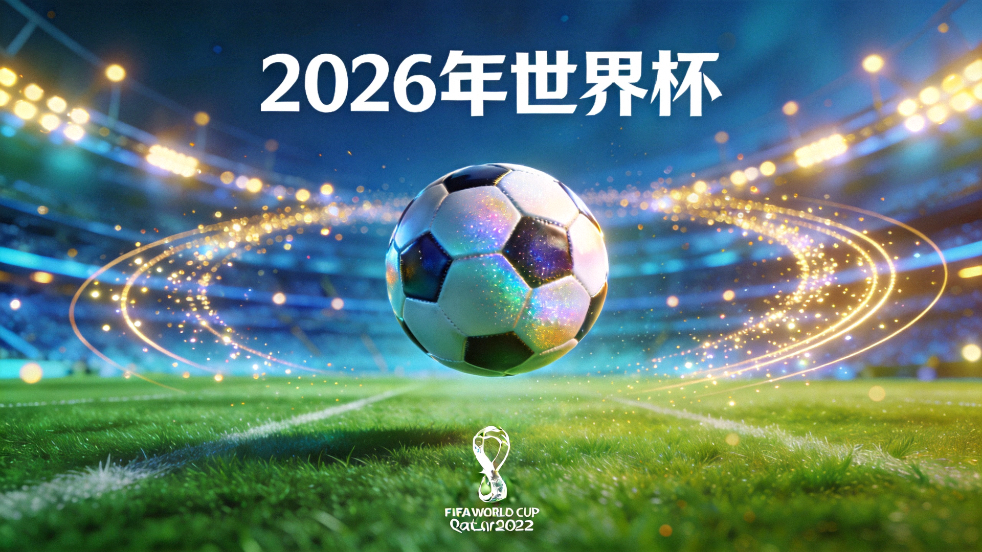 2026年世界杯主视觉横幅 - 绿茵场与璀璨灯光下的足球